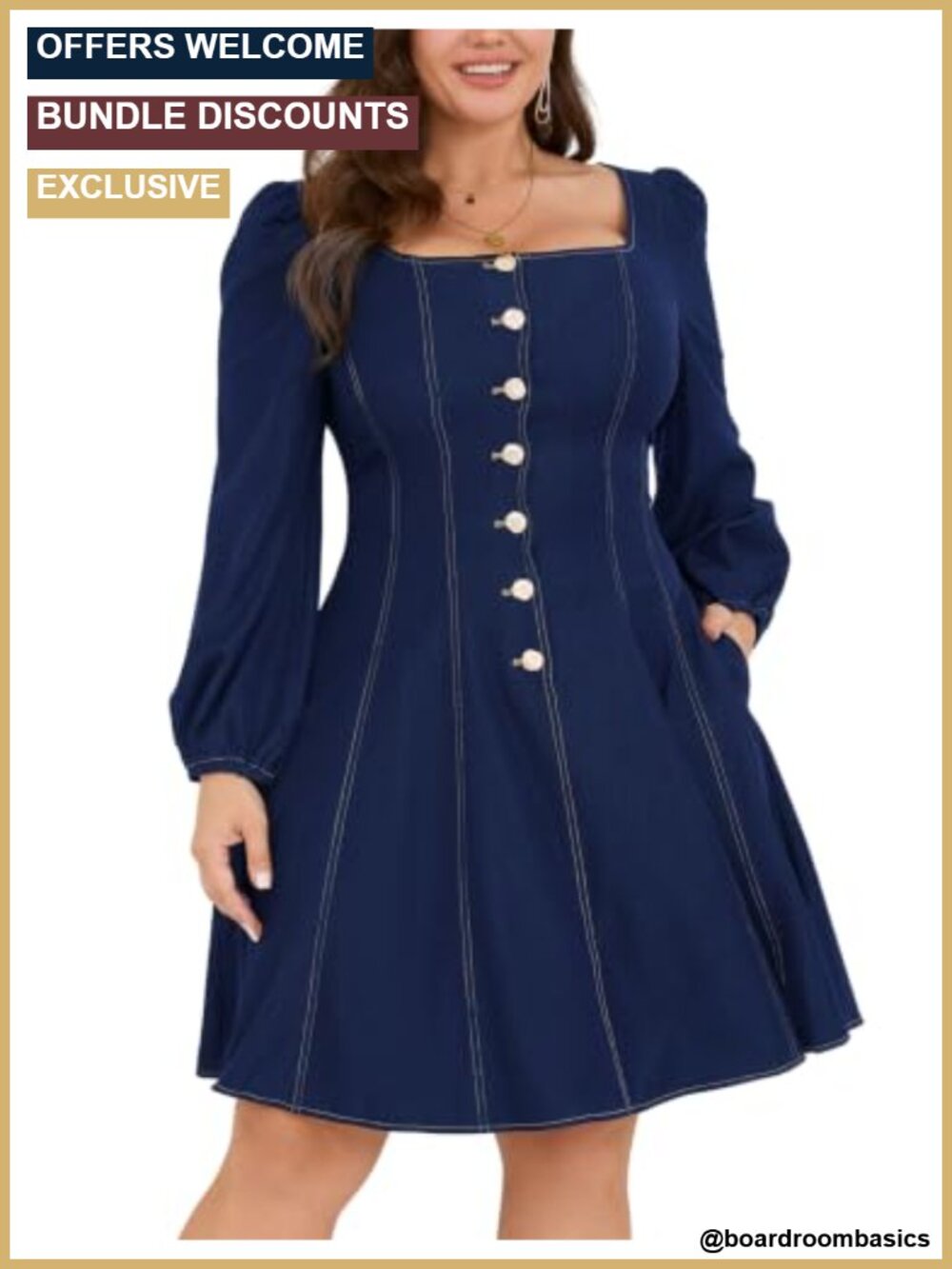 Plus Size Denim Button Down Mini Dress with Pockets and Lantern Sleeves